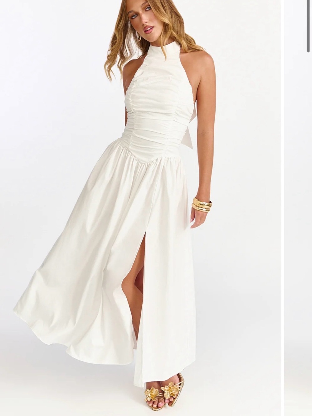 Showpo White Halter Neck Ruched Midi Dress